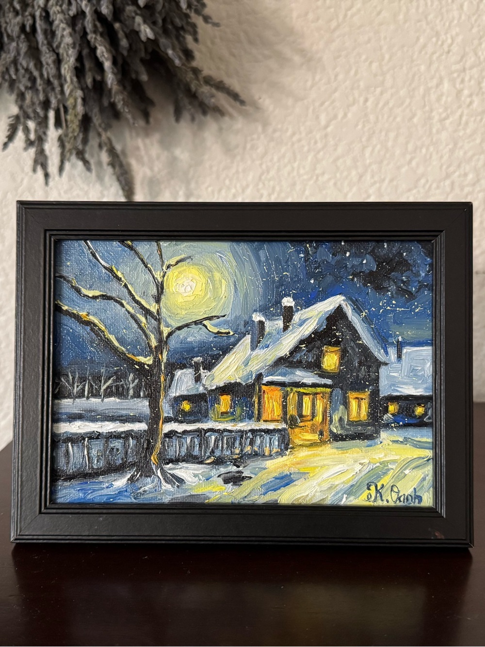 Original oil painting winter snowy night landscape signed framed 5x7 inches